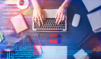 Person typing on a computer with overlaid images of numbers, information concepts, etc.